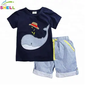 Grosir Kaus Bisbol Bayi Laki-laki Print Applique dan Setelan Celana Pendek Garis Butik Pakaian Katun Anak Laki-laki