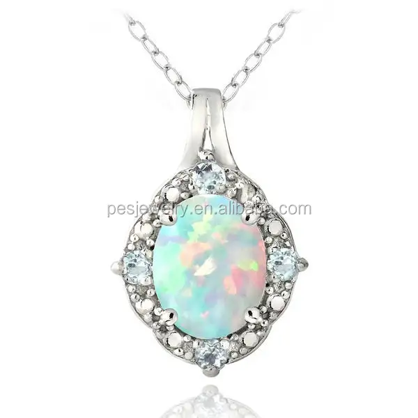 PES fashion jewelry! Diamond Accent Created Fire White Opal and Blue Topaz Oval Pendant Necklace