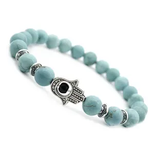 Nieuwe Hot Sale Fatima Hand Charme 8 Mm Natuurlijke Blauwe Turquoise Armband Voor Unisex Sieraden Armband