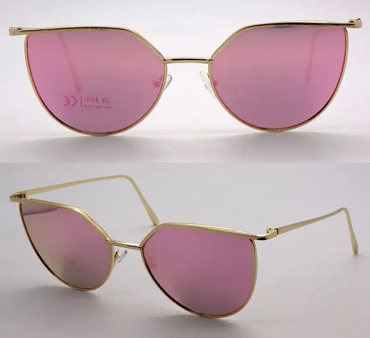 High quality alloy metal CE UV400 protection pink mirrored lens gold cateye girl most fashionable sunglasses for women