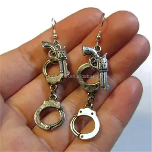 Sherlock holmes inspired Earrings Greg Lestrade handcuffs and gun charms earrings In silver