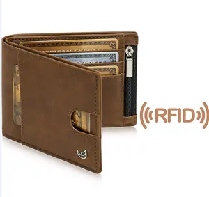 Pria Kulit Asli Rfid Blocking Slim Klip Uang Pria Dompet Kuda Gila