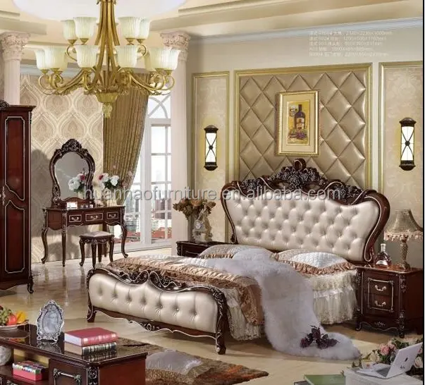 Kraliyet king-size yatak yatak odası mobilya setleri ahşap çerçeve deri yatak