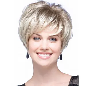 Synthetisch Haar Pruiken Voor Vrouwen Korte Pruik Shaggy Pruik Blonde Schuine Fringe Haar