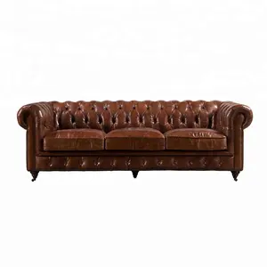 Living Room Set Vintage Leather Sofa Full Genuine Leather Chesterfield Tufted Distressed Leather Sofa 3 Seater Luxury Vintage American Style