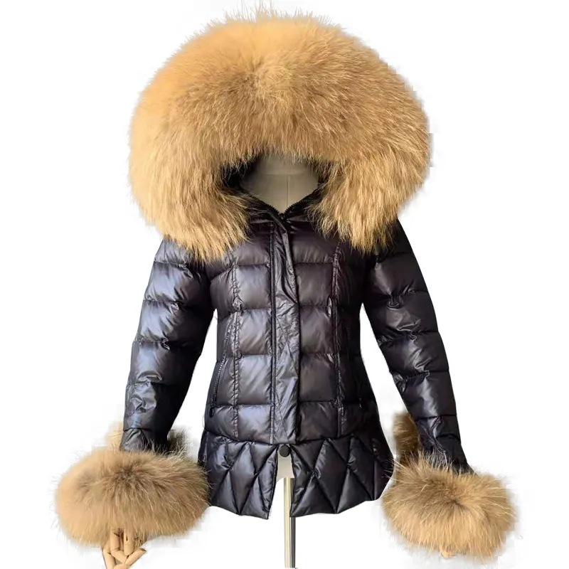 Outdoor Custom Real Bontkraag Dames Duck Down Jacket Winter Warm Groothandel Real Raccoon Fur Trim Hood Vrouwen Ganzendons jas