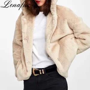 Winter Warm Soft Beige Artificial Fur Coats Manmade Rex Rabbit Fur Jacket Coat Faux Fur Hooded Jacket for Women