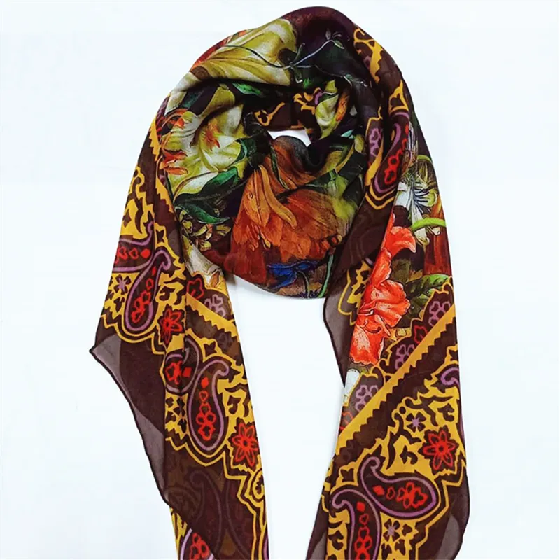 Wholesale Custom Digital Printed Long Chiffon Silk Scarf China's Fashionable Ladies Accessory for Spring Adult Department