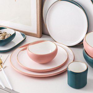 Juego de vajilla de boda de lujo americano, juego de porcelana esmaltada, Rosa mate y verde, conjunto de cena de cerámica - Product Image 1