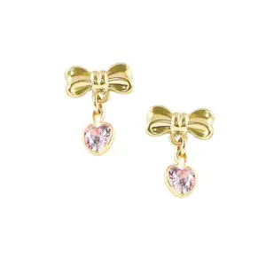 Perhiasan Bayi 925 Perak Murni 14K 18K Pita Berlapis Emas dengan Hati Menjuntai Anting Menjuntai Anak-anak Perhiasan Anak-anak