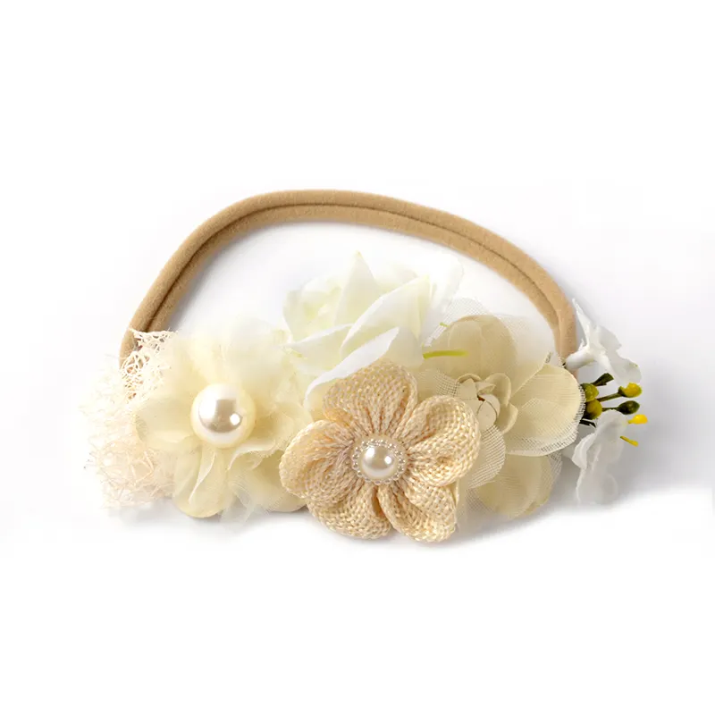 ดอกไม้ที่สวยงามไนลอนวง Ivory ชีฟองดอกไม้ Halo Boho Crown Headband ดอกไม้หัวสำหรับทารก