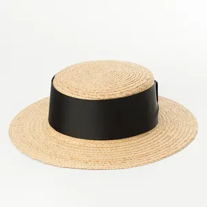 2021Raffia straw boater hat with ribbon band