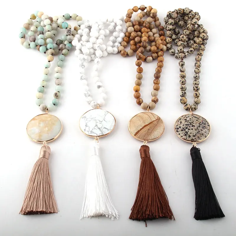 Fashion Women Ethnic Necklace Bohemian Jewelry Natural Stone Amazonite Long Knotted Disco Tassel Necklace