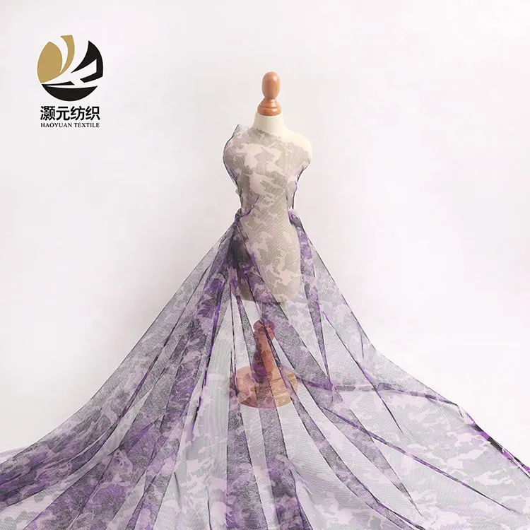 Pronto merci di alta qualità nice design 100 poliestere viola camouflage maglia tessuto a rete per il vestito della ragazza
