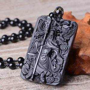 Pendentif en obsidienne naturelle noire pour homme, avec chaîne de perles, Dragon GuanYun, amulette porte-bonheur sculptée à la main