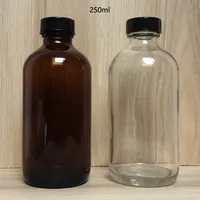 Garrafa de vidro vazia de 8oz/250ml, garrafa de vidro âmbar redonda boston, para óleo essencial com tampas de plástico