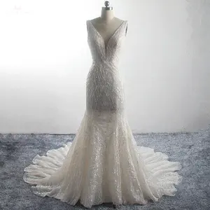 LZ300 Không Tay Fan Tail Bridal Gown Ánh Sáng Champagne Sâu V Cổ Nhấp Nháy Sequin Mermaid Wedding Dress