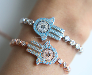 <span class=keywords><strong>Hamsa</strong></span> con tachuelas de diamantes de imitación con mal de ojo de la suerte pulsera de cordón chapada en oro - Product Image 2