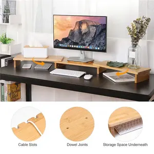 Bamboo Wood Monitor Stand Riser 3 Shelf For Dual Triple Screens Personal Computer