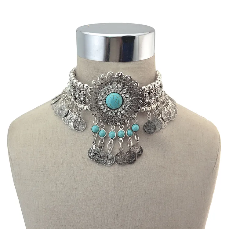 Vintage Silber Metall Aussage Halskette Strass Blume Münze Schmuck Halsband Halskette