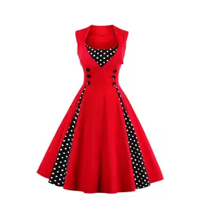 Gaun Vintage Wanita, 5XL Baru 50S 60S Retro Polka Dot Tambal Sulam Tanpa Lengan Musim Semi Musim Panas Merah Gaun Pesta Ayun Rockabilly