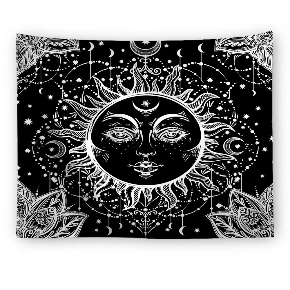 Sun Moon Tapestry Primitive Sun God Tapestry Black and White Tribal Style Wall Hanging Bohemian Tapestries for Dorm Party Decor