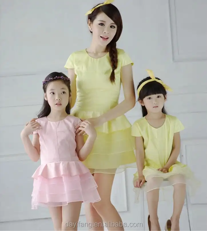 Anne ve iki kızı güzel külkedisi tarzı moda organze kısa kollu elbise, prenses elbise tasarımı