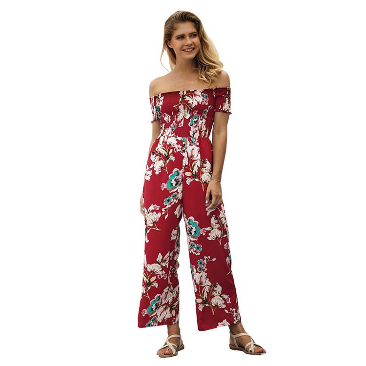 China Factory Supplied Summer Autumn Casual Off Shoulder High Waist Wide Leg Pants Womens One Piece Floral Palazzo Jumpsuit