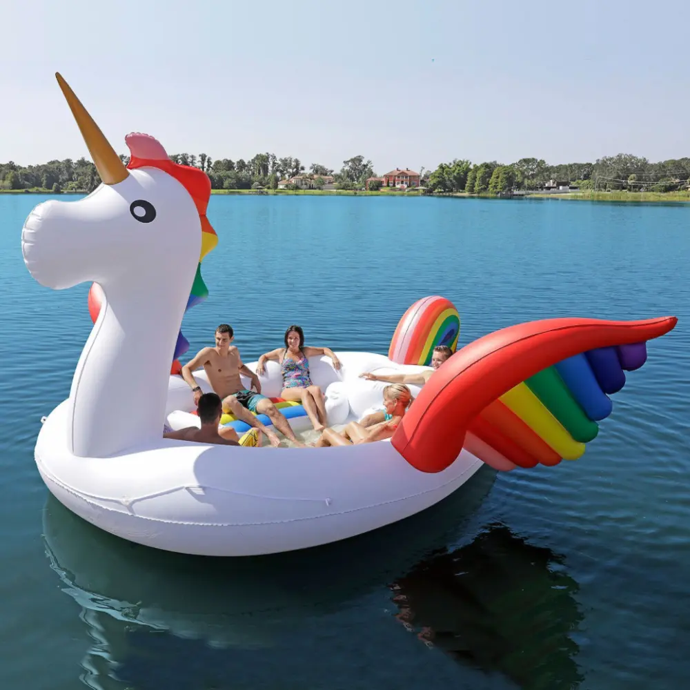 Flotador inflable para piscina de unicornio, arcoíris, para 6 personas, Isla inflable gigante para fiestas y pájaros