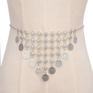 Chaîne de corps et de taille bohème vintage plaquée argent avec pendentif pièce de monnaie et pompon, magnifique bijou pour femme - Product Image 1