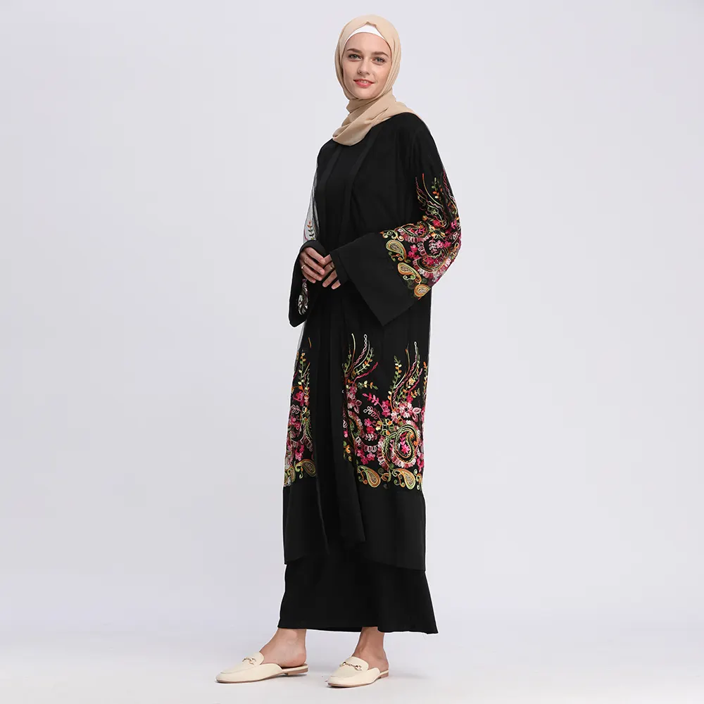 Hot Sale Black Sexy Japanese KimonoとEmbroidery Mesh Open Abaya