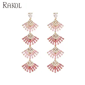 Rakol ZE1104 fashion statement pink fan shape cubic zircon long drop earrings for women