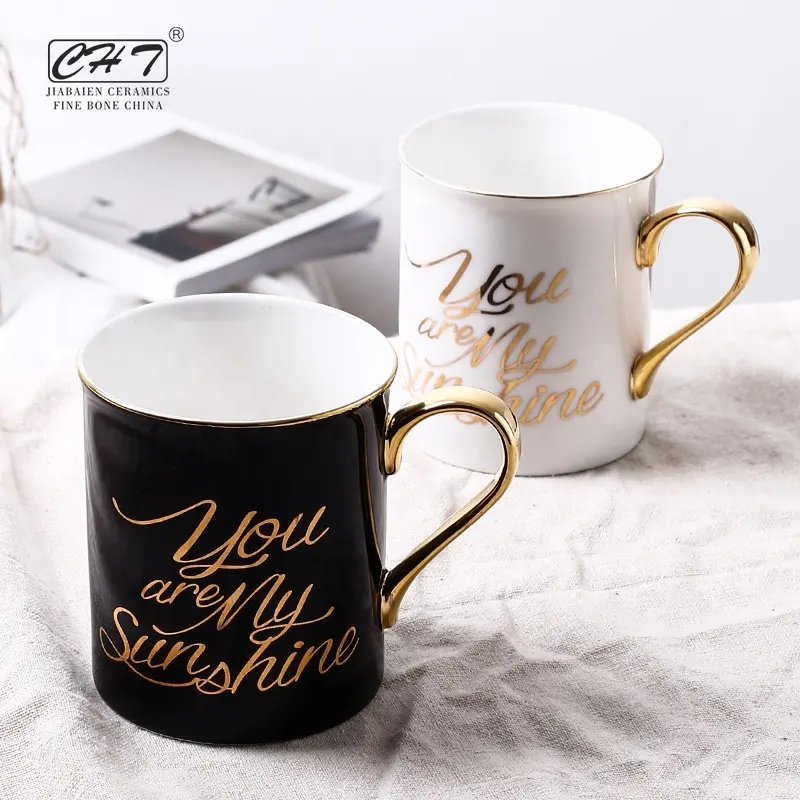 ODM Người Yêu Ly Cà Phê Độc Quyền Hoàng Gia Bắc Âu Couple Mug Trắng Đen Cốc Cà Phê Vàng Rim Gốm Cốc Cà Phê Với Logo