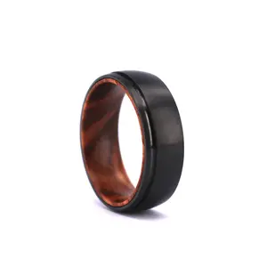 Domed Offset Groove Black Gunmetal Titanium Ring with Wood,Finger Ring Zebra Wood Sleeve Ring
