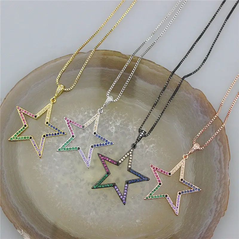 CH-CKN0055 star shape cz pendant necklace,colorful zircon micro pave charm jewelry,16inch long fine chain necklace wholesale