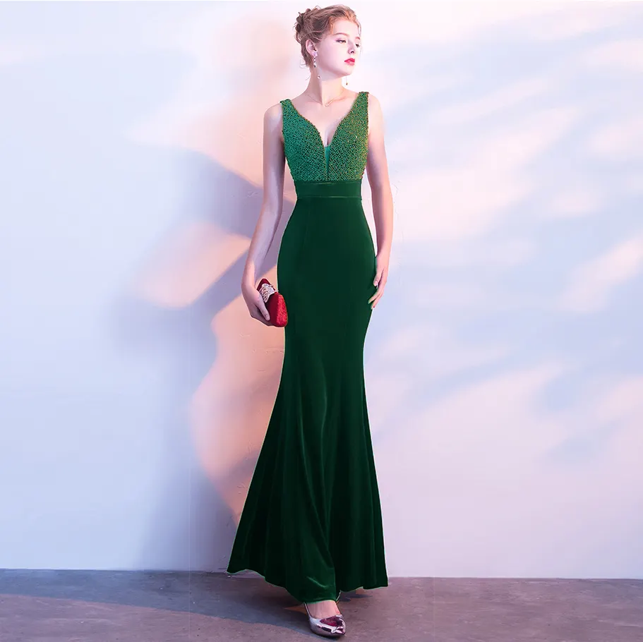 923 # fishtail vestido de noite das mulheres 2020 Novo estilo sexy com decote em v vestidos dama de honra elegante