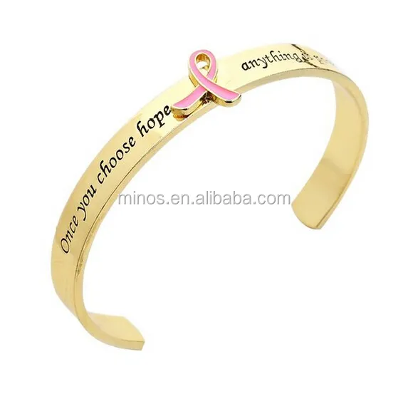 Cuff Bracelet-Breast Cancer Awareness with Engraved Hope Quote-Goldtone with Pink Ribbon