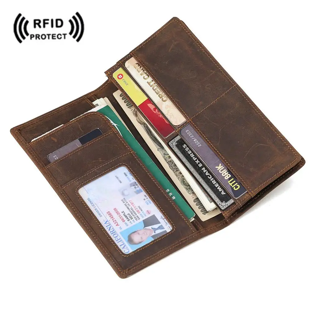 Tiding Vintage Custom Genuine Leather Men RFID Protection Blocking Wallet Slim Long Leather Wallet