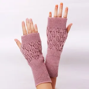 S2338 fashion custom leaf patterns knitted mittens women long fingerless gloves for girls