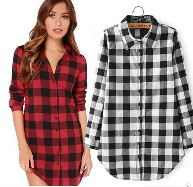 Nova Moda Mulher De Manga Comprida Camisa Feminina Vermelho Tops Camisas Verificado Camisa Das Mulheres da Manta Blusas