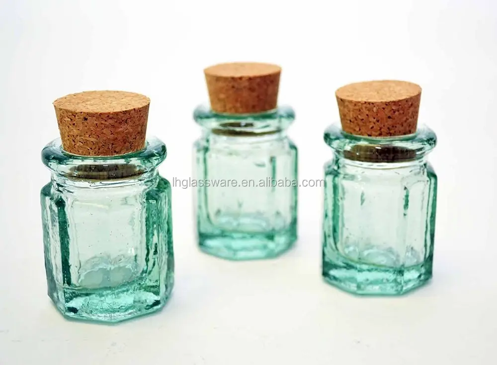 SET OF 6, SPANISH GREEN RECYCLED GLASS MINI SPICE JARS W/ CORK-2" H, OCTAGON SHAPE