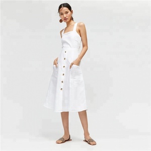 Donne Croce Bianca Posteriore Con Bottoni In Cotone E Lino Vestito Longuette - Product Image 3