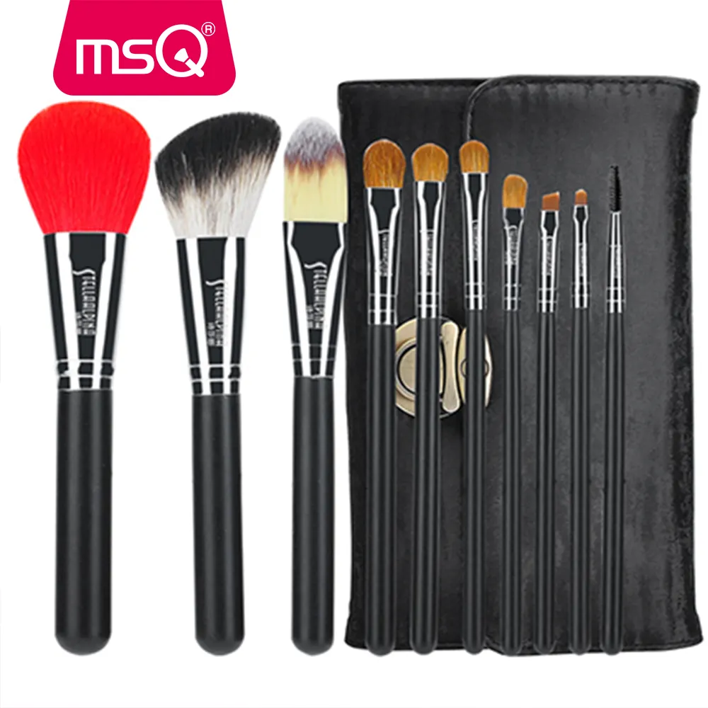 MSQ 10 stks Premium Geitenhaar Marterhaar Synthetisch Haar Cosmetische Borstel Set Met PU Lederen Tas