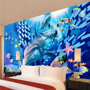 3D Sualtı Dünyası Köpekbalığı Duvar Pvc duvar kağıdı ruloları Duvar Kağıdı Üretim Süreci Doğal Çim Duvar Kağıdı