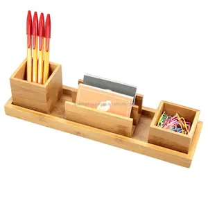 Bamboo Table Organizer Desk Accessory Set 4-piece, Pencils, Business Card Holder, Storage Tray