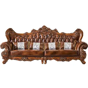 genuine leather Antique solid wood carved sofa set for royal red wood living room furniture 3 4 seater for 5 star luxury hotel