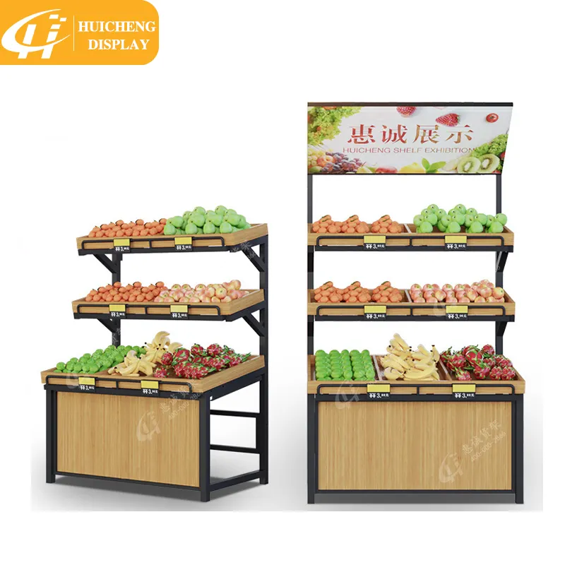 Özelleştirilebilir yüksek kalite ve sıcak satış katı ahşap meyve sebze gösterim kapları meyve rafı sebze süpermarket için standı