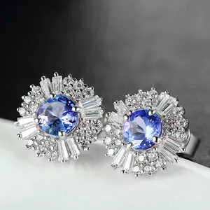 时尚韩国水晶定制珠宝与天然 tanz石细银耳环为妇女