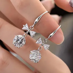 Cute Female Crystal Round Star Bow Drop Earrings Fashion Zircon Stone Earrings White Pink Dangle Earrings