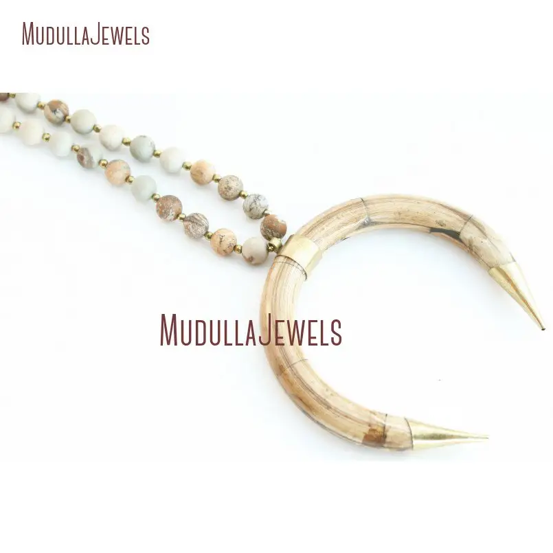 NM11175 Wholesale Women Crescent Horn Pendant Necklace Jasper Long Boho Necklace Crescent Moon Jewelry